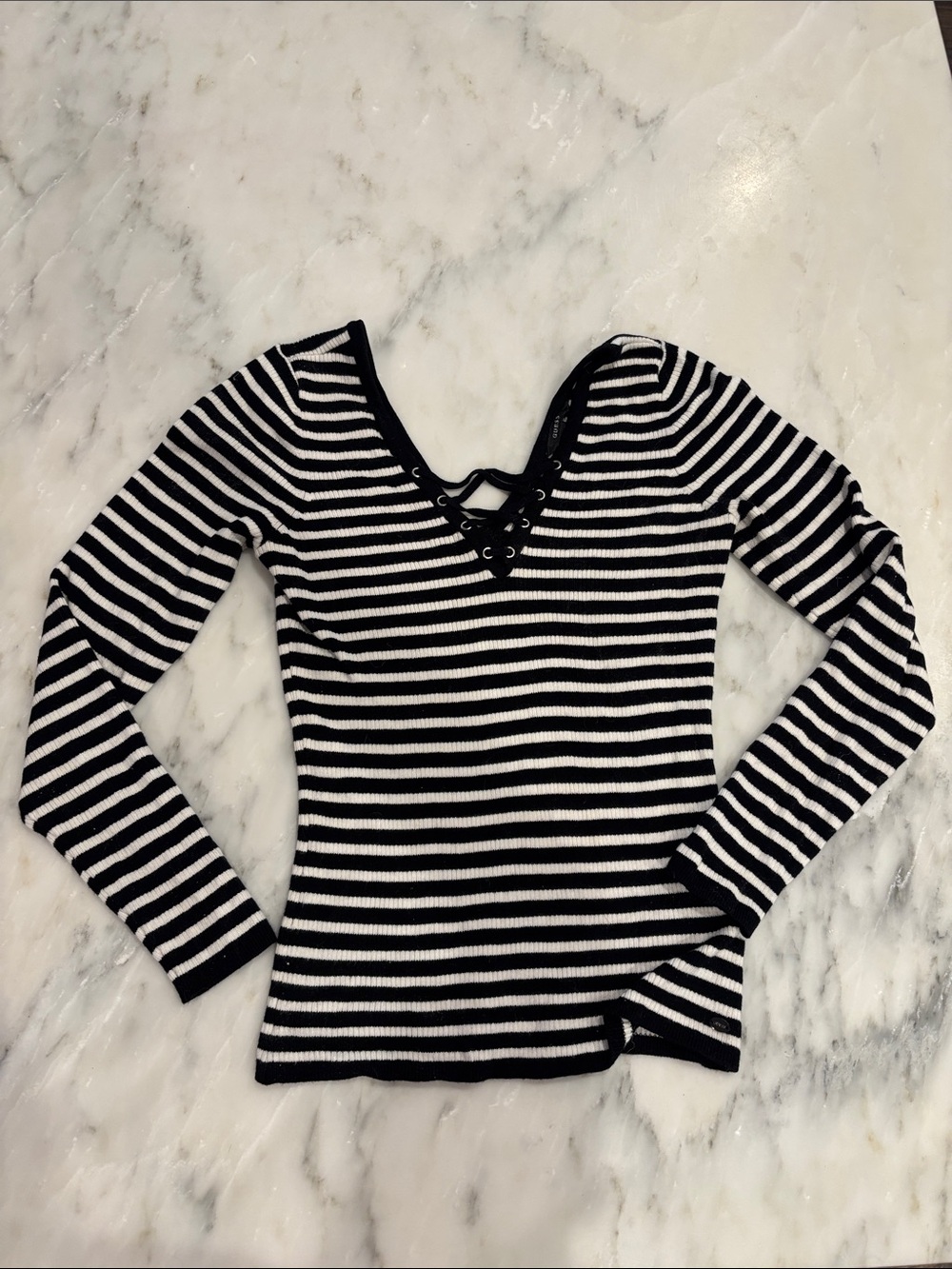 Guess Black & White Striped Lace-Up V-Neck Long Sleeve Top